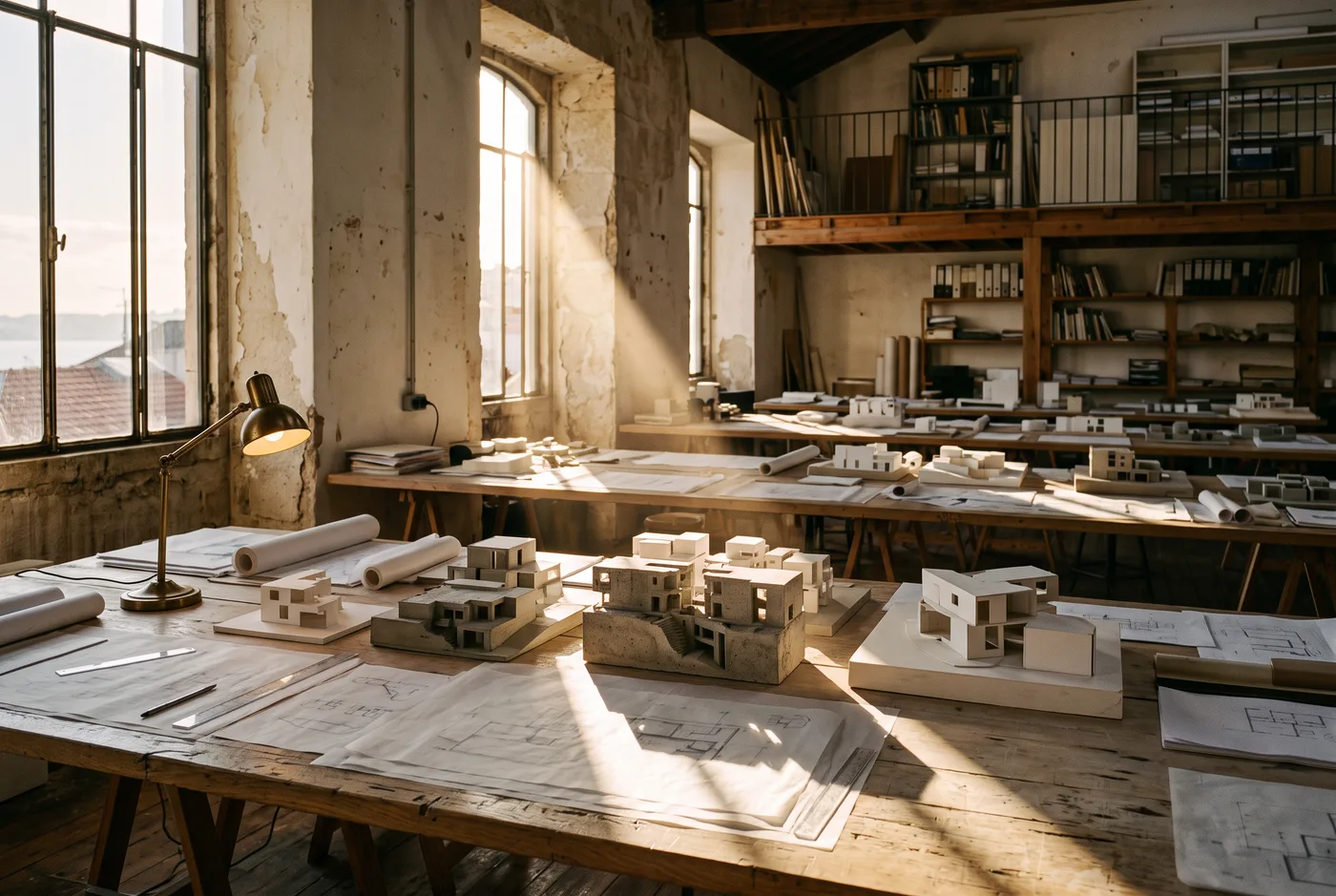 Concrete massing models on an oak table in the Lisbon studio, crossed by a shaft of late sun